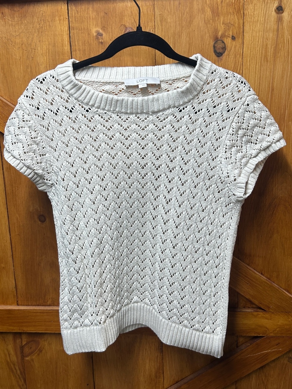 LOFT Cream Openwork Short Sleeve Crewneck Sweater